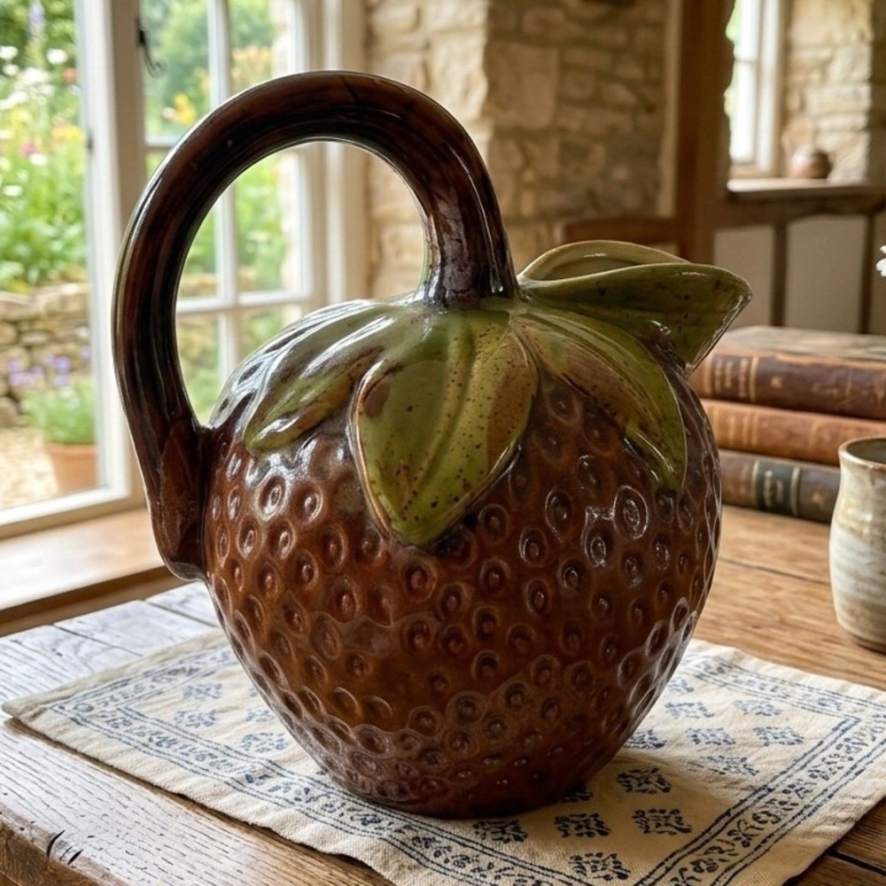 Vintage Ceramic Strawberry Pitcher Figural Creamer Brown Green Glaze Cottagecore